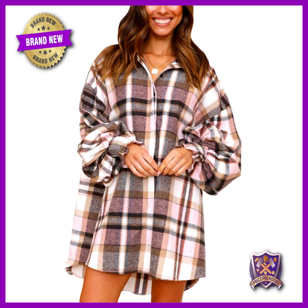 Oversized Plaid Flannel Button Down Shirt Dress Shacket Boho Chic Tunic Top